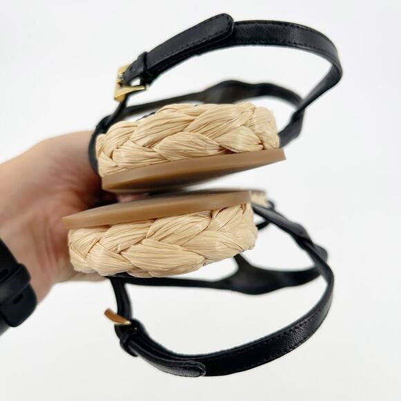 NWOB Prada Black Leather Triangle Logo Plaque Raffia Strappy Flat Sandal IT 39 - Picture 5 of 11